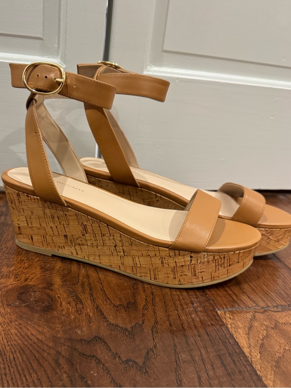 Stuart Weitzman Tan Cork Platform Wedge Sandals with Ankle Strap